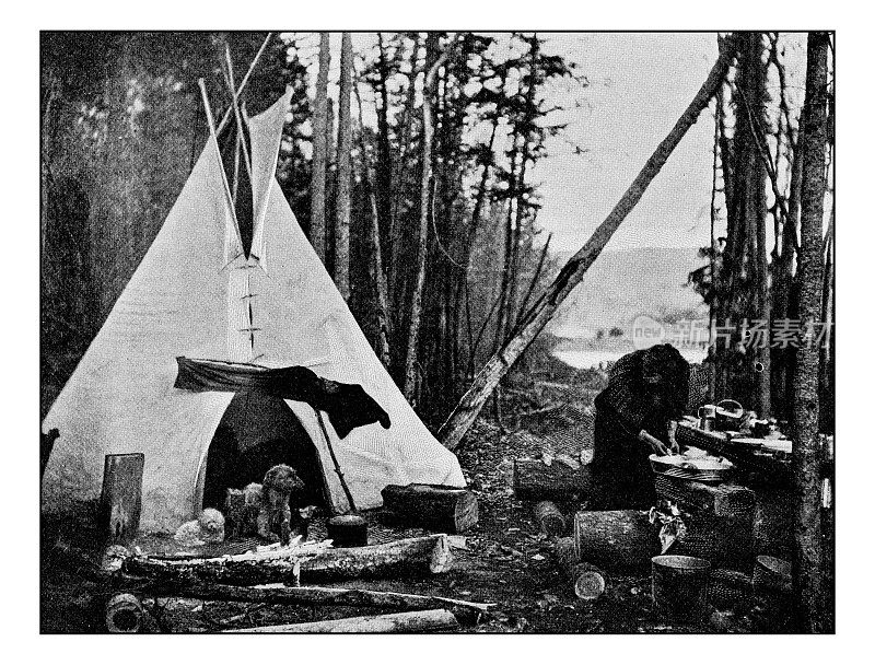爱好和运动的古董点印照片:露营