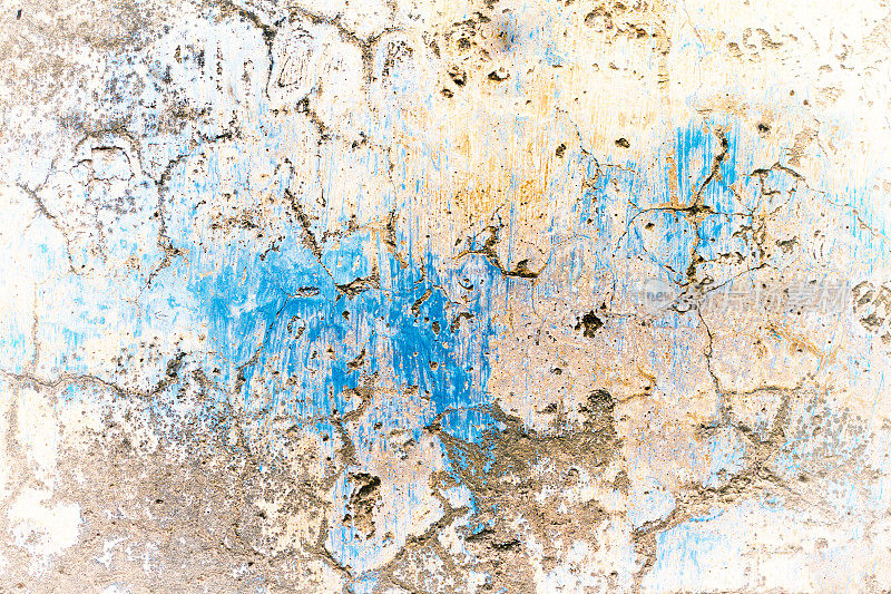老西西里墙壁背景纹理:斑驳裂白蓝色