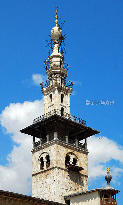 叙利亚大马士革:奥马亚德清真寺尖塔的细节