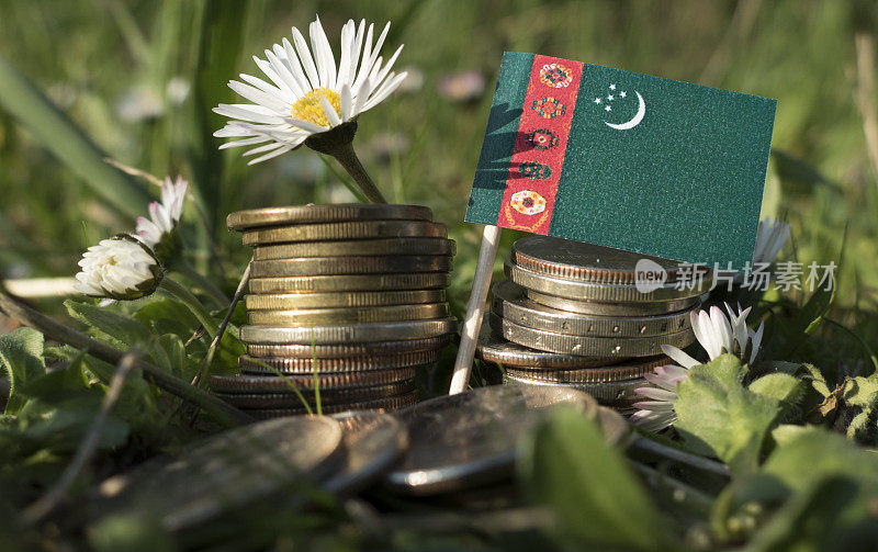 土库曼斯坦国旗上有一堆钱币，硬币上有草和花