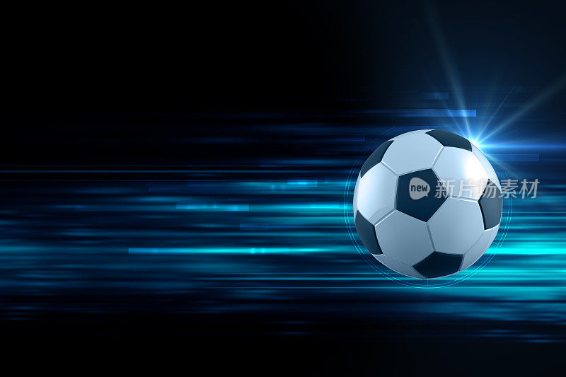足球在蓝色灯光条纹背景的3d插图