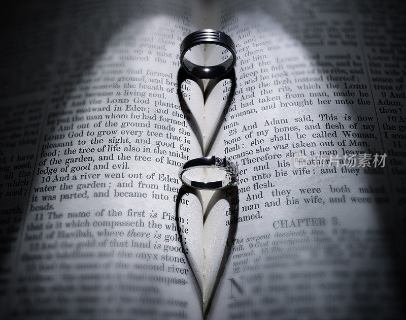结婚戒指和圣经上的心形阴影