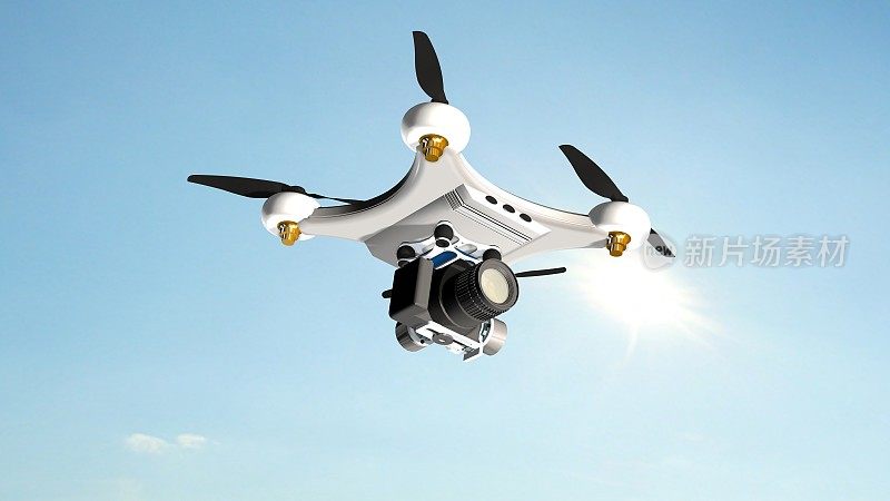 无人机四轴飞行器与专业摄像机盘旋在天空