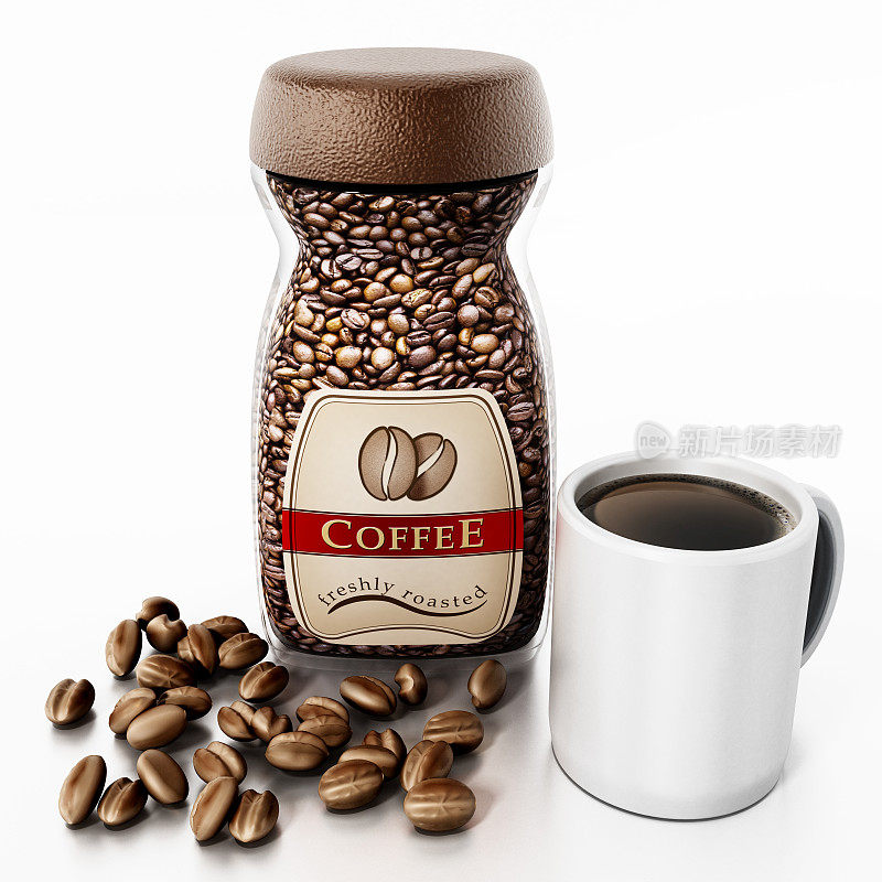 焙烤咖啡瓶，咖啡豆和咖啡杯隔离在白色
