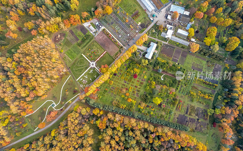 前视图。色彩缤纷的秋季公共植物园，Yoshkar-Ola，俄罗斯