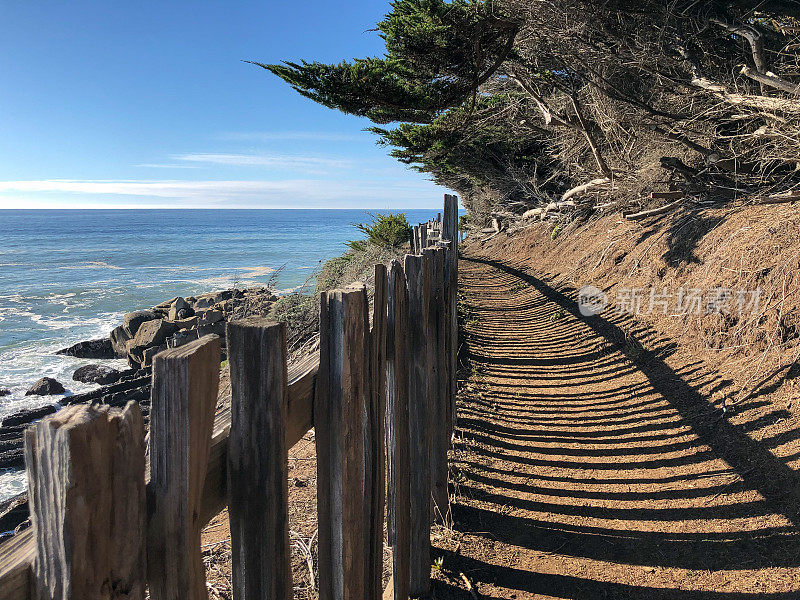 海洋之路:阳光明媚的北加州，有旧篱笆。海洋牧场