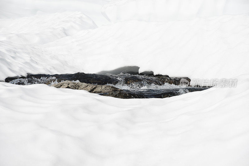 春天或夏天，融雪形成的小溪在雪桥下流淌