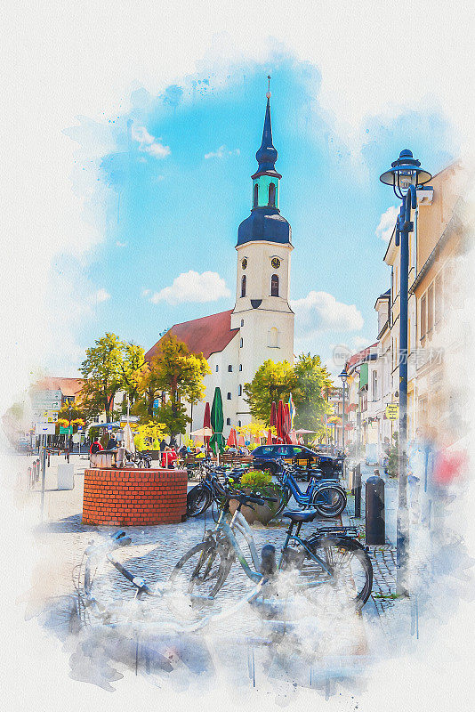 水彩画的斯普雷瓦尔德Lübbenau或卢本瑙，Lehde老城街道与教堂
