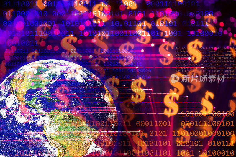 全球金融技术-地球地球上的二进制代码背景与美元符号