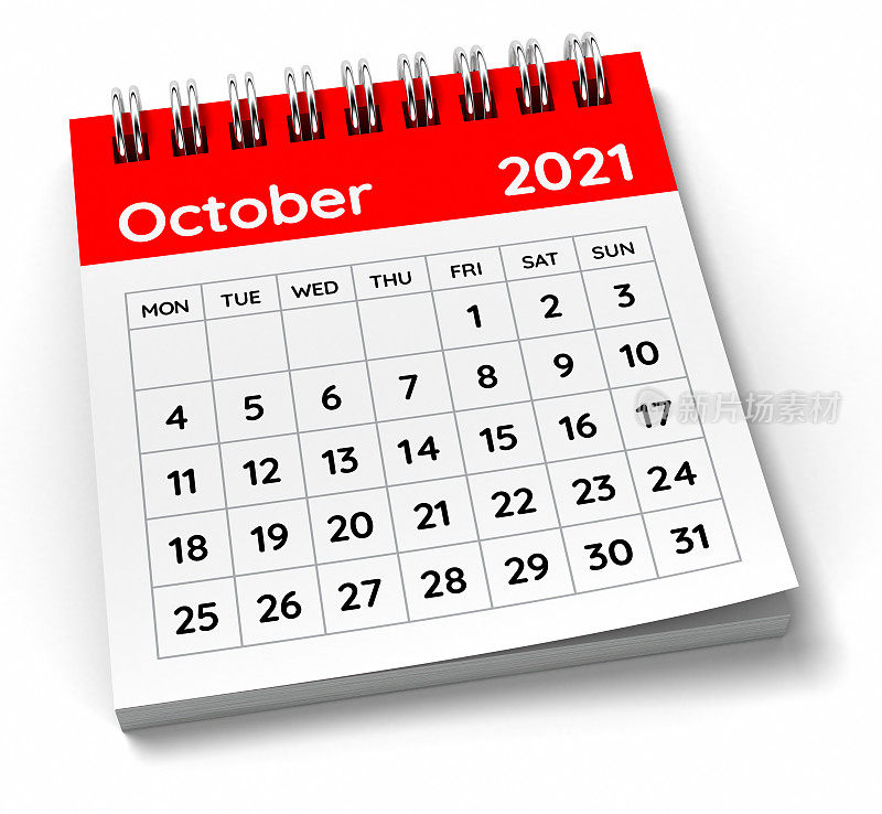 2021年10月日历。一周从星期一开始。