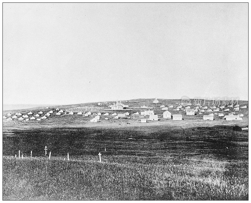 美国地标的古董黑白照片:圣保罗村，圣保罗岛，阿拉斯加