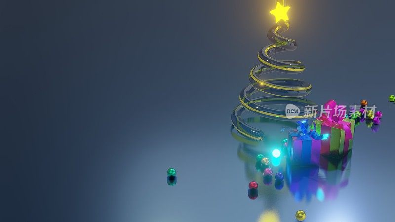 圣诞树，星星和彩灯球