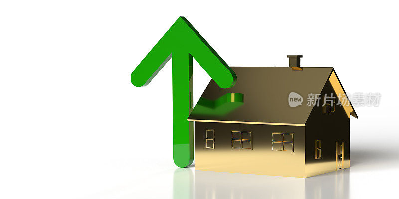 金色模型房屋抵押贷款和上升的绿色箭头在白色背景