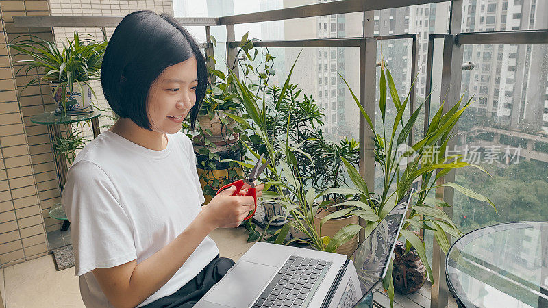 亚洲女性自由职业者，在家里的阳台上一边用笔记本电脑工作，一边照顾盆栽植物