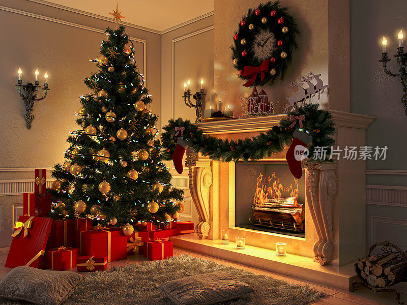 新的室内装饰有圣诞树、礼物和壁炉。明信片。