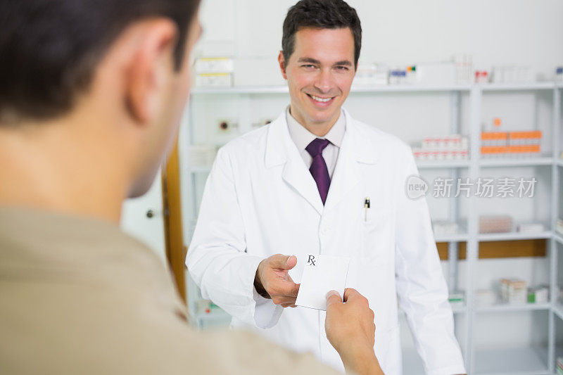 一名男子微笑着将处方递给药剂师