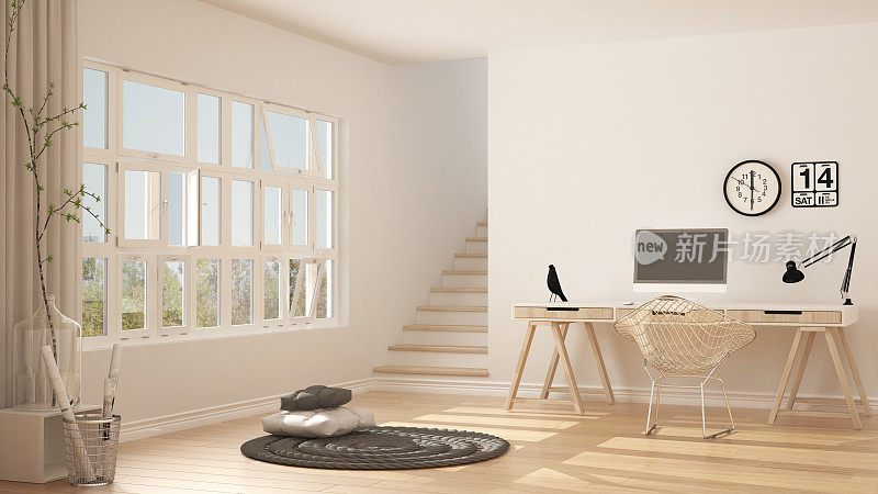斯堪的纳维亚家庭办公室，阁楼工作场所，极简主义室内设计