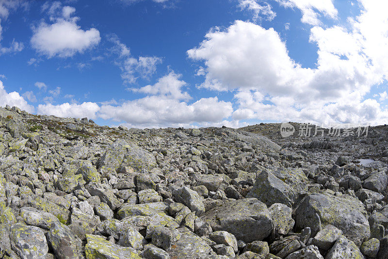挪威约敦海门的碎石，岩石上覆盖着地衣
