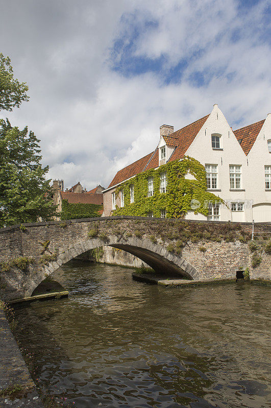 比利时水路和大桥旁的历史哥特式建筑