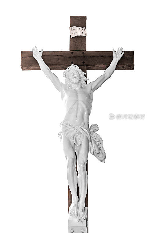 十字架上的耶稣基督的表现在木制十字架上的白色