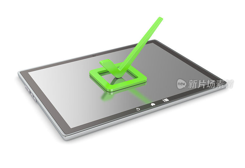 数码平板电脑与绿色检查标记孤立在白色背景