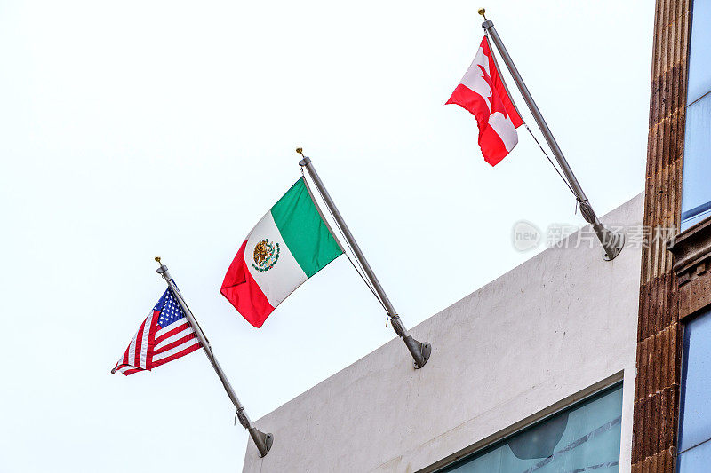 美国、墨西哥和加拿大的三面国旗