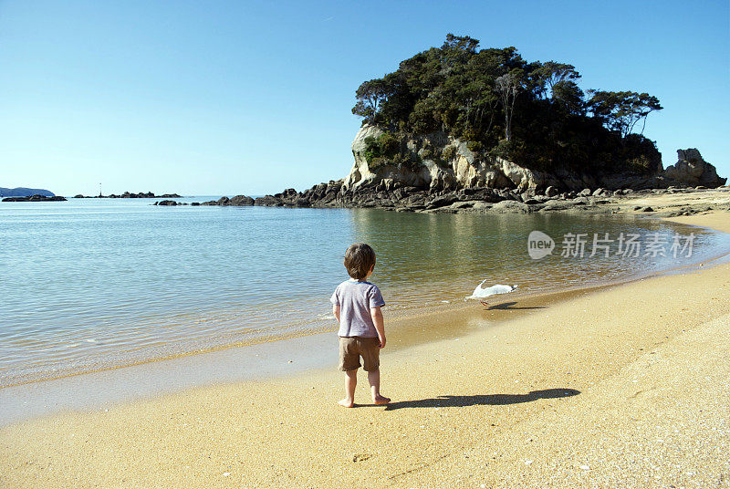 儿童和海景，Kaiteriteri海滩，新西兰