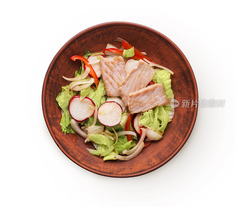 一碗原汁原味的亚洲沙拉，配有三文鱼和蔬菜