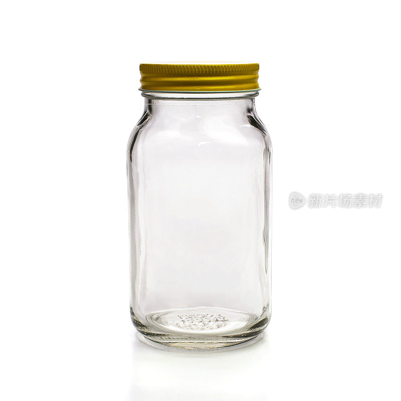 空瓶玻璃与黄色盖孤立白色背景