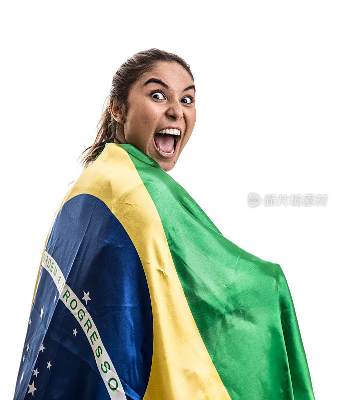 巴西球迷在白色背景下庆祝