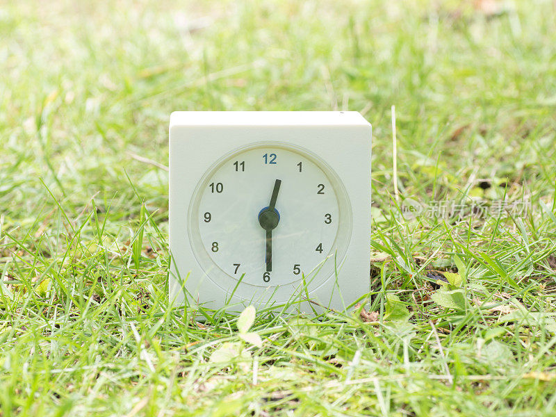 草坪上的白色简单时钟，12:30十二点三十分