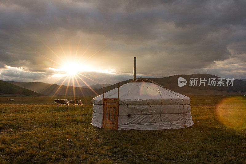 传统的蒙古包在耀眼的夕阳下。