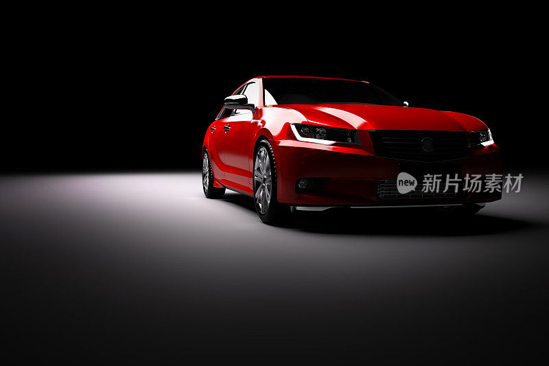 新的红色金属轿车轿车在聚光灯下。现代设计,brandless。