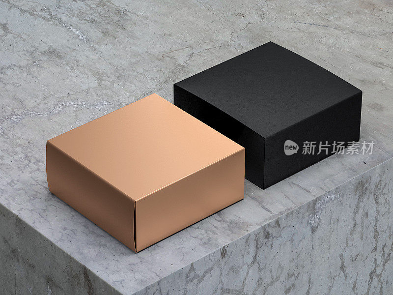 豪华方形金色盒子模型与黑色封面，3d渲染