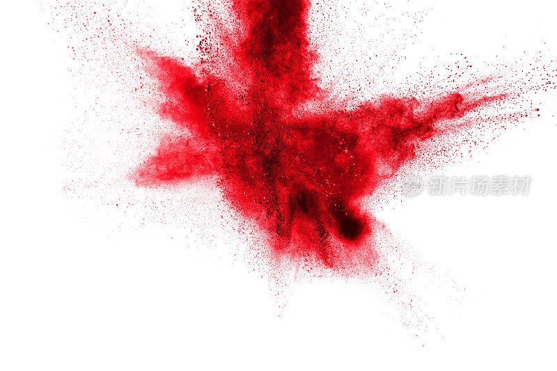 摘要白底红尘爆炸。抽象的红色粉末飞溅在白色背景上，红色粉末飞溅的冻结运动。