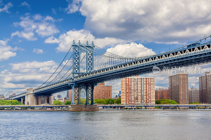 美国曼哈顿下东区的曼哈顿桥、东河和纽约市天际线。