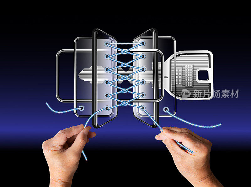 多部智能手机和钥匙用绳子编织成鞋带一样的鞋子。人的手编织绳子。