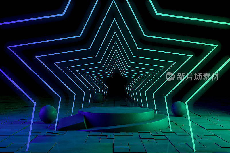 紫外氖激光发光星形线，光隧道，抽象的3D背景与空产品架