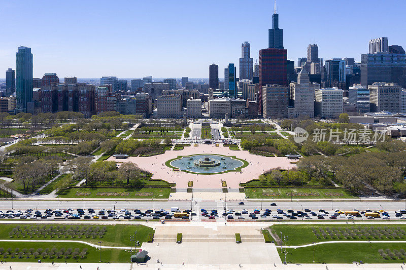 芝加哥天际线与格兰特公园，鸟瞰图