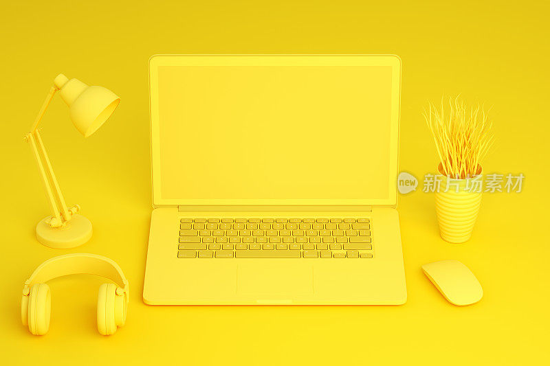 黄色背景上的空白屏幕笔记本电脑