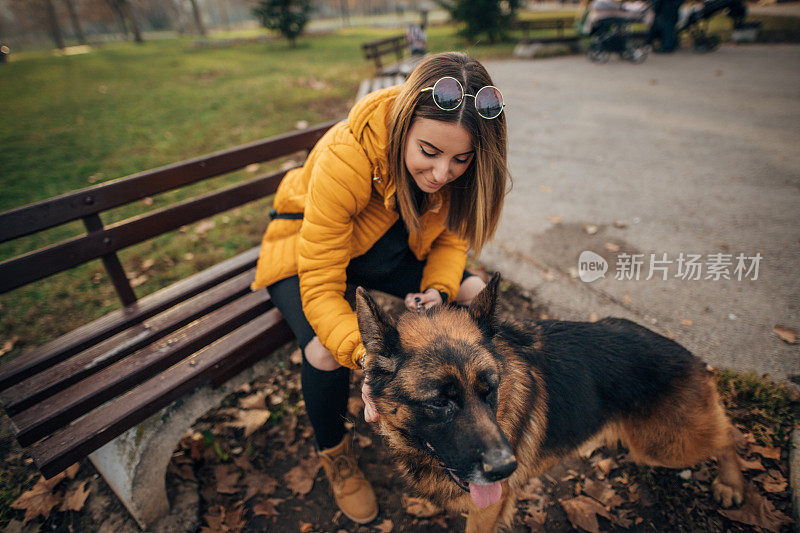 公园里有个年轻女人和一只德国牧羊犬