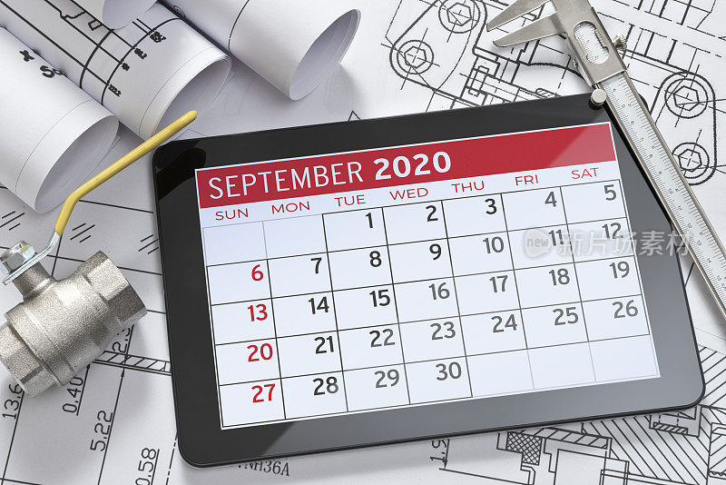2020月数字日历在数字平板屏幕上。