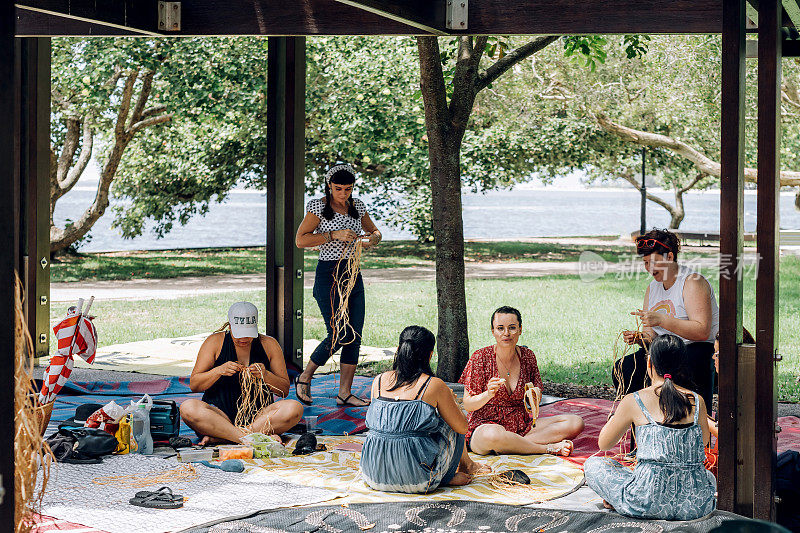 澳大利亚Maroochydore——2020年2月15日。女人们在手工作坊编织篮子，坐在公园的地毯上。