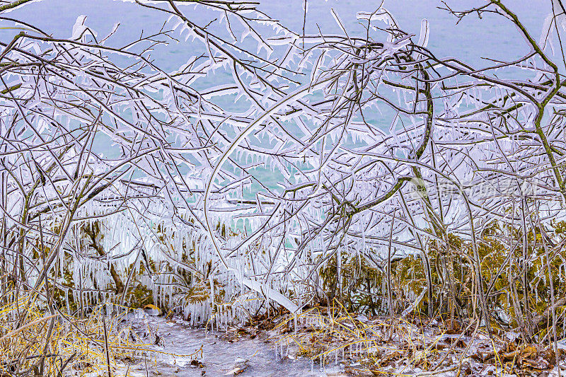 冰天雪地的冬季风景在零度以下的温度霜冻景观