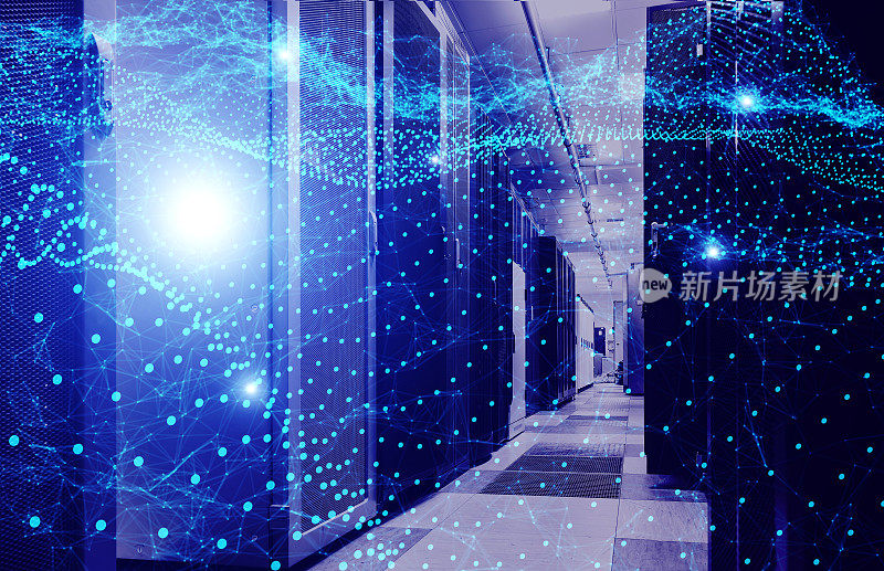 3D渲染大数据中心的现代服务器机房内部，用于网络数据、云计算和连接的交换，实现数字信息流和大数据可视化。