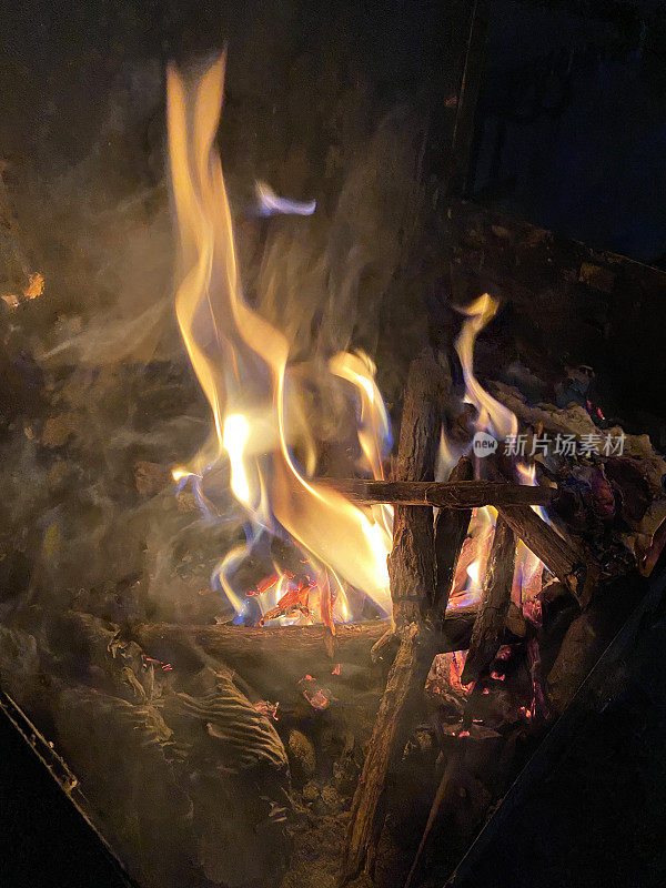 在夜晚的天井上，燃烧着的火焰在燃烧，在户外的花园聚会上庆祝旁遮普的洛赫里冬至节
