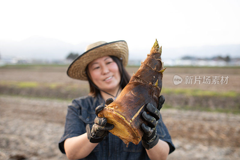 女农民拿着一个大竹笋