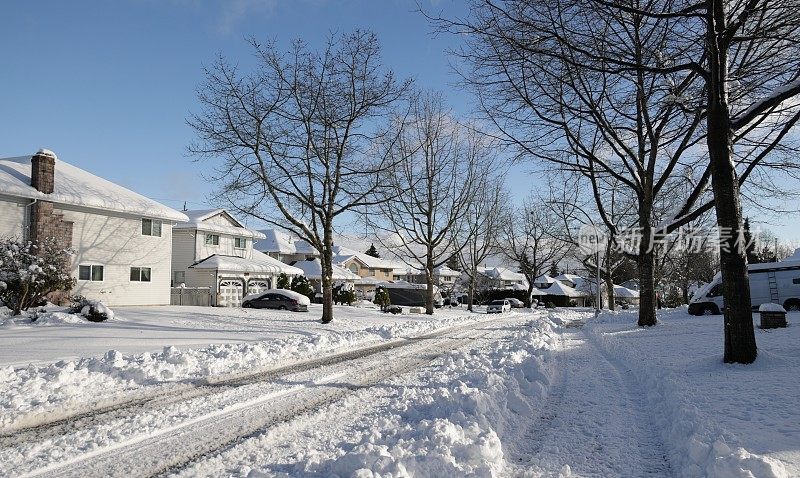 大雪过后，加拿大萨里郡的独立式房屋