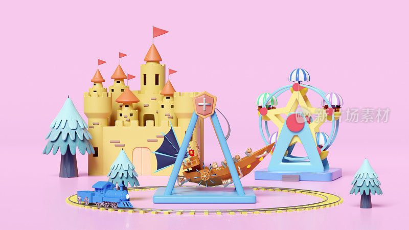 3d游乐园概念与泰迪熊维京船，铁路轨道，摩天轮，景观，城堡，塔孤立在粉红色。3d渲染插图，剪切路径
