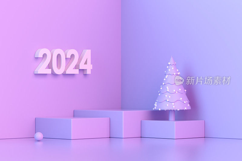 2024新年，圣诞装饰物与讲台，平台，霓虹灯背景